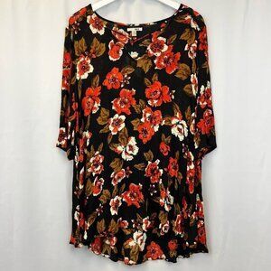 Amuse Society Womens Casyn Tunic Top Black Orange Floral Caged 3/4 Sleeve M